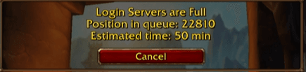 World of Warcraft Forever character selection screen showing a massive server queue time of 32 minutes