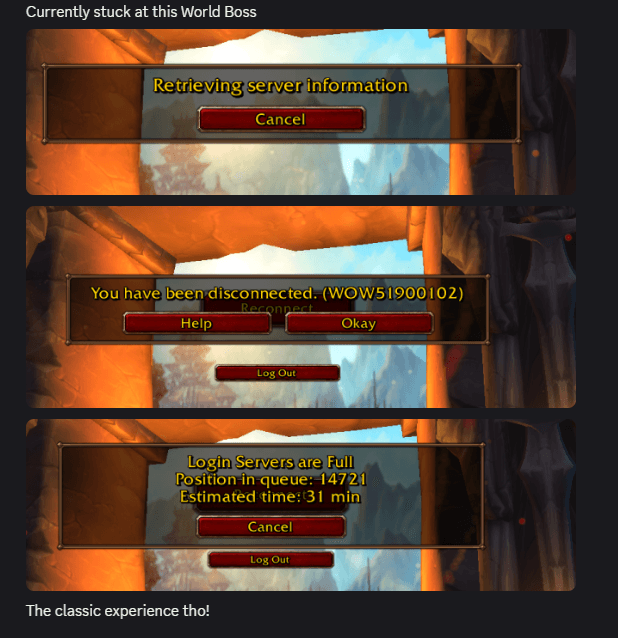 World of Warcraft login screen with a queue message displaying an estimated wait time of over 30 minutes