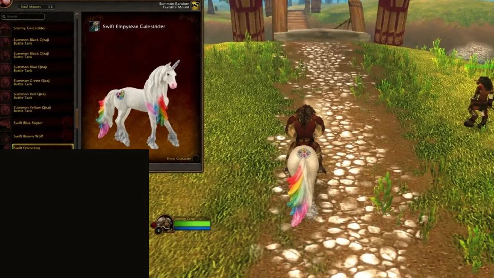 A rainbow-maned unicorn mount named Swift Empyrean Galestrider shown in-game and in a mounts tooltip, from a Twitch stream (webcam corner redacted)