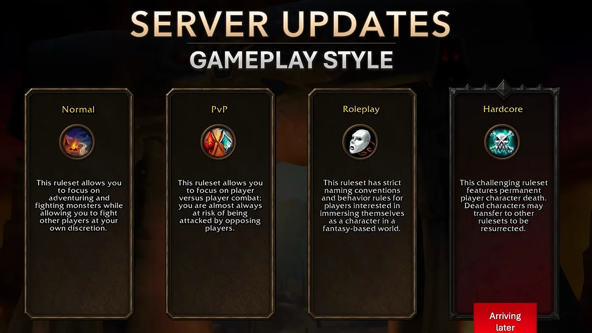An official slide reading Server Updates: Gameplay Style, showing four ruleset cards -- Normal, PvP, Roleplay, and Hardcore, the last marked Arriving Later