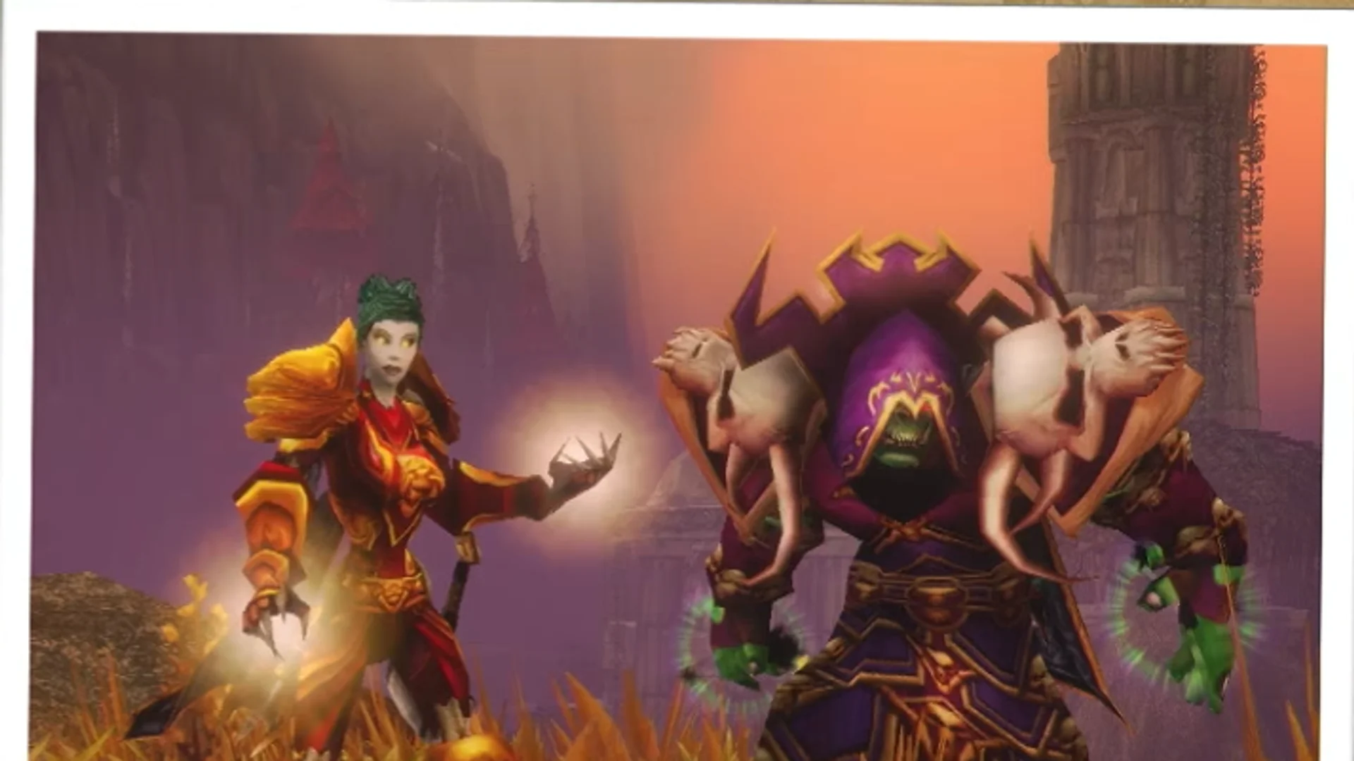The same two characters after transmog, now wearing a coordinated red-and-gold set and a matched purple-and-gold set