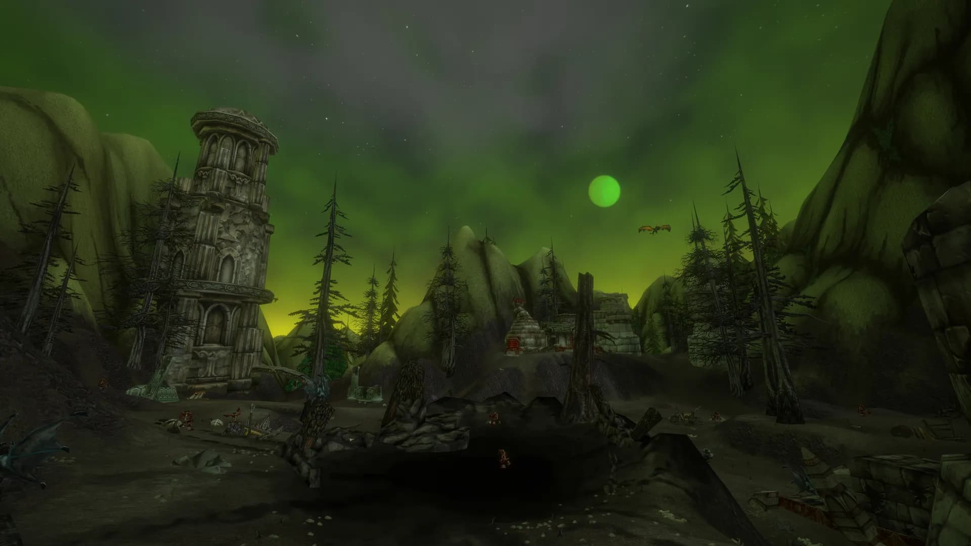 A blighted watchtower and crumbling ruins lit by a sickly green aurora, deep in a scarred stretch of Mount Hyjal