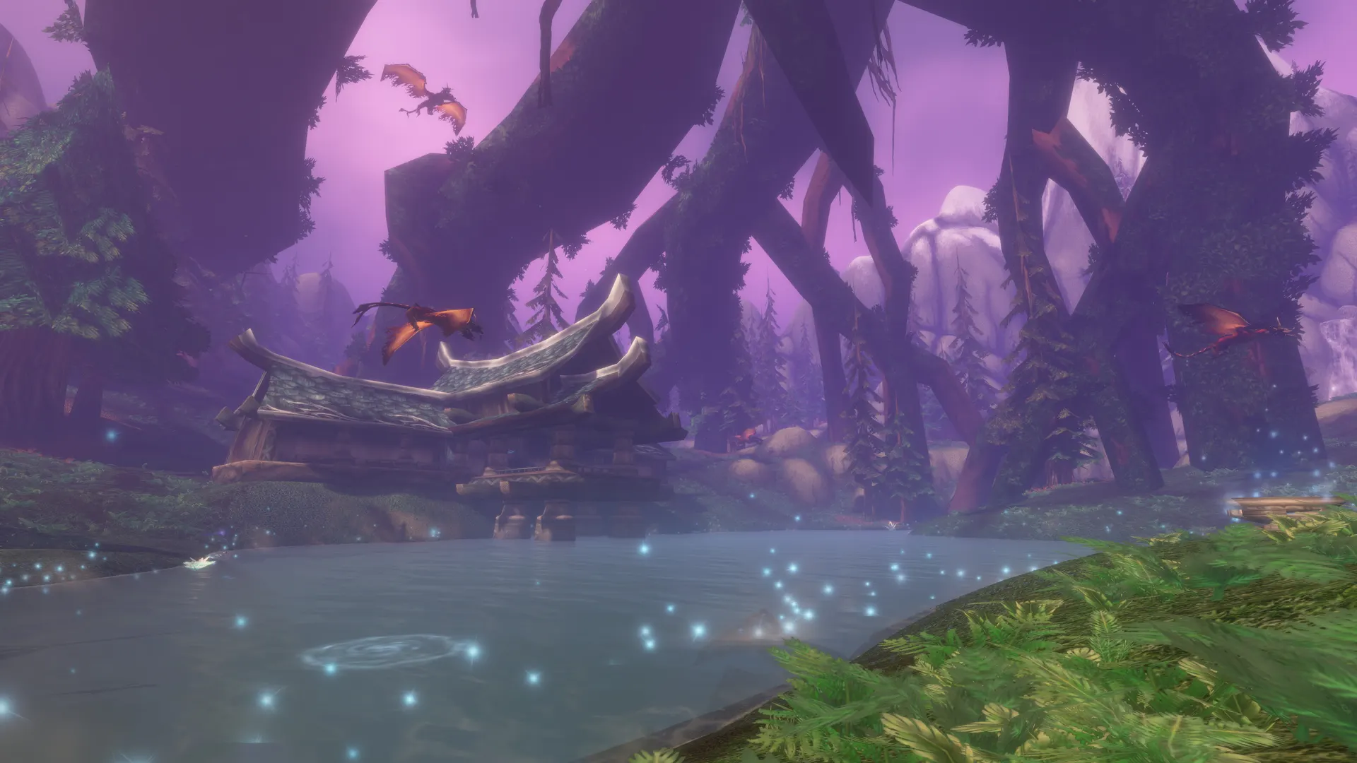 A moss-draped grove beneath the roots of the World Tree in Mount Hyjal, with dragonhawks circling a stone shrine over a glowing pool