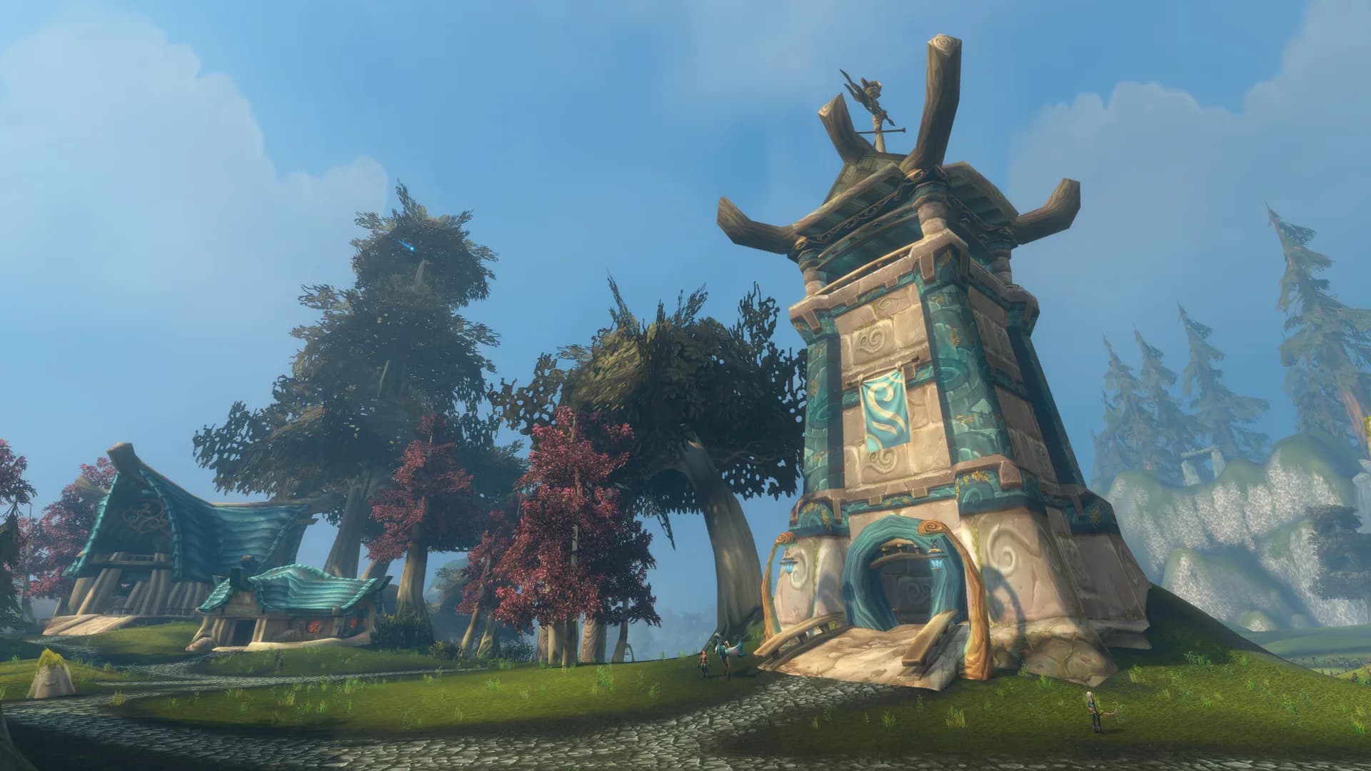 A stone watchtower with a curved wooden roof and elven carvings standing among red-leaved trees on a misty hillside