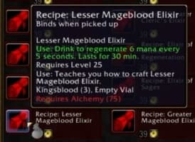 Lesser Mageblood Elixir: Restores mana steadily over a long duration, perfect for extended spellcasting sessions.