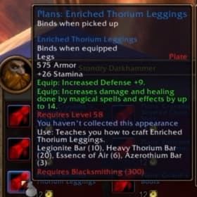 Enriched Thorium Leggings: Sturdy plate leg guards crafted for tanking hybrid specs.