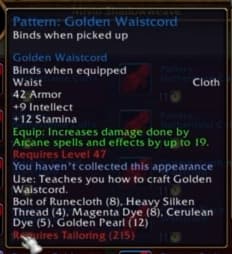 Golden Waistcord: Shimmering yellow cloth gear tailored to boost arcane power.